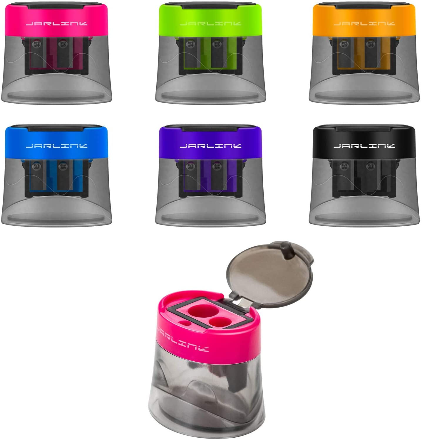 JARLINK 6 Pack Manual Pencil Sharpener, Dual Holes Compact Sharpener with Lid for No.2/Colored