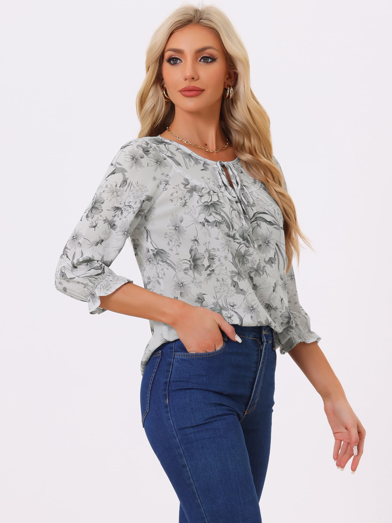 DARING DIVA Tie V Neck Boho Ruffled 3/4 Sleeve Blouse XS Grey