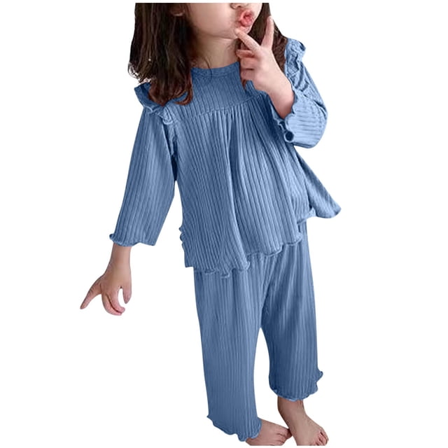 Odeerbi 2-8 Años Niñas Pijama de Verano de Algodón Lechuga Trim Tops Manga Larga Pantalones Conjunto Suave Rib Knit Sleepwear Dos Piezas Pijama Set