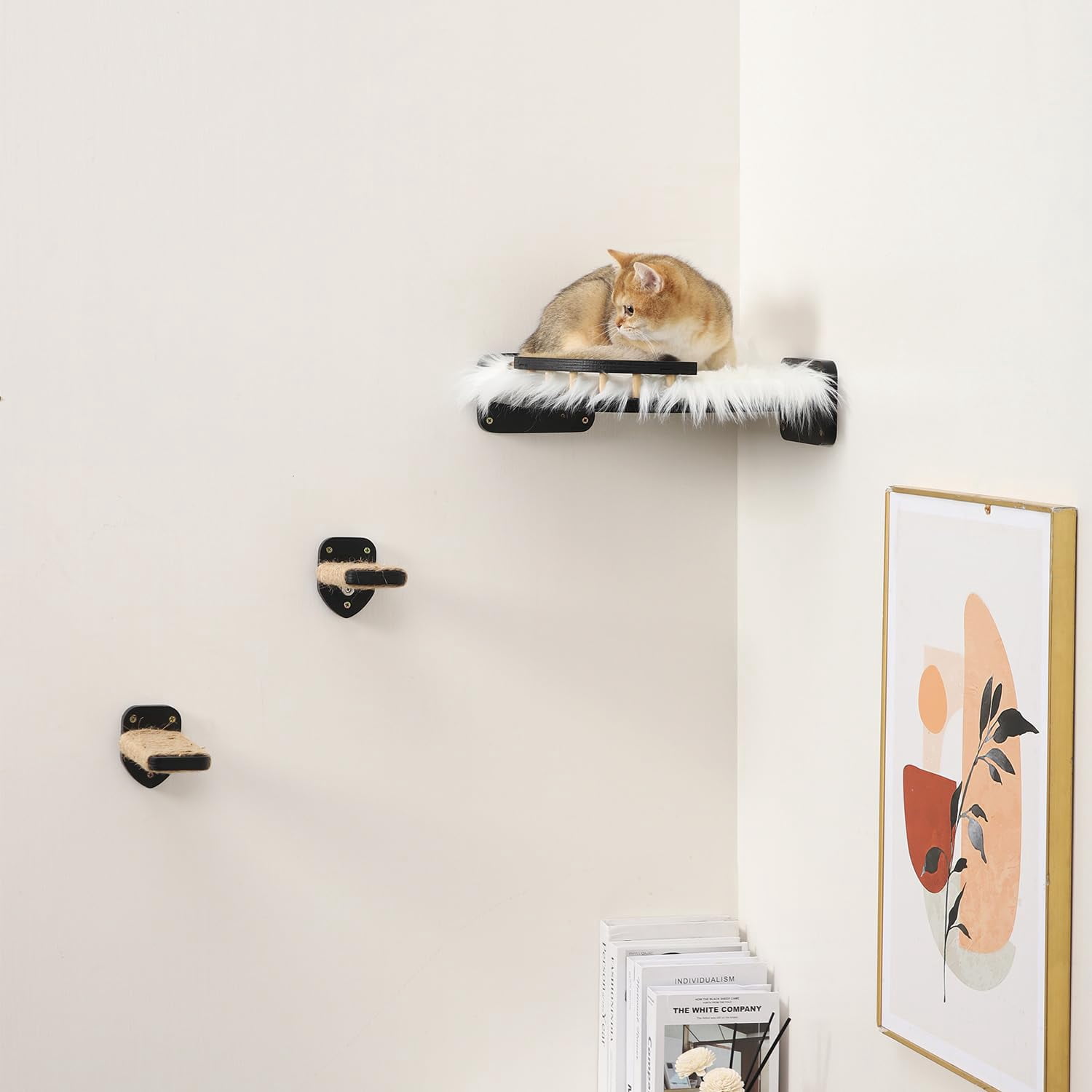 Cat Wall Shelves - 3 Steps Scratch & Hammock Bed With Plush Cover  Climbing Shfor Indoor Cats (black)