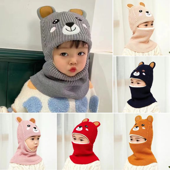 Kids Winter Hat, Cute Bear Ears One-piece No Brim Bonnet, Knitted Windproof Headwear Neck Warmer - Beanie Hat for Baby Boys Girls