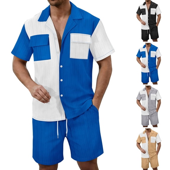 Men Summer Casual Short Sets Contrast Short Sleeve Button Down Shirt And Shorts Set 2 Piece Outfits Tracksuit Vacation Sets for Men Black L