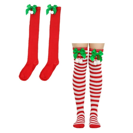 

WANYNG Christmas Bow Hairball Thigh High Long Stockings Over Knee Socks Christmas Cosplay Party Costumes Socks Knee High Long Striped Stocking Socks Womens Knit *2PCS