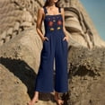 thumbnail image 6 of Women's Boho Jumpsuit Embroidered Floral Romper Square Neck Sleeveless Wide Leg Jumpsuit with Pockets Casual Linen Blend Outfit for Women, Navy, 2XL, 6 of 8