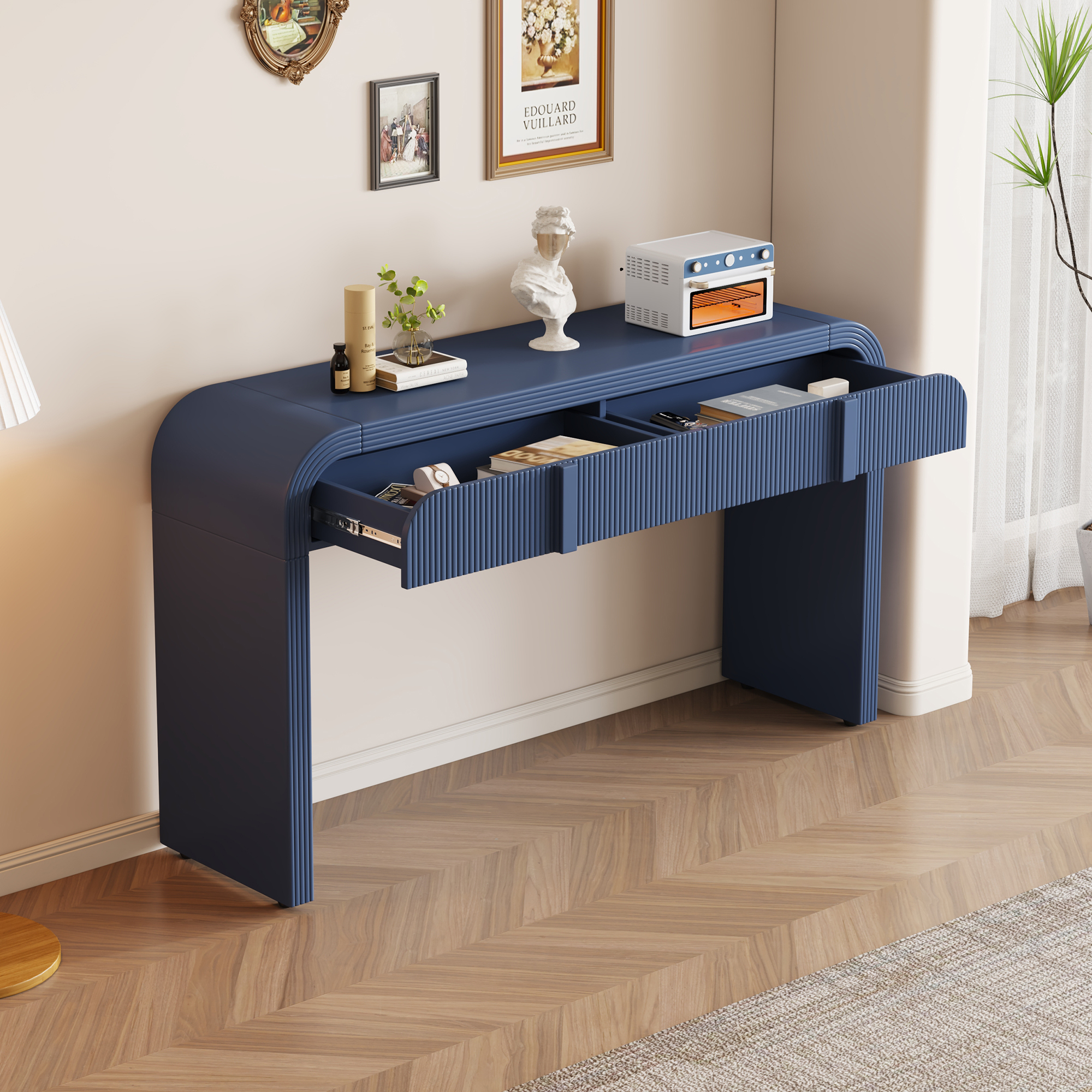 Euroco 55" Unique Curved Console Table with 2 Storage Drawers, Fluted Accent Entryway Table Sofa Table for Hallway Living Room Foyer,Navy Blue