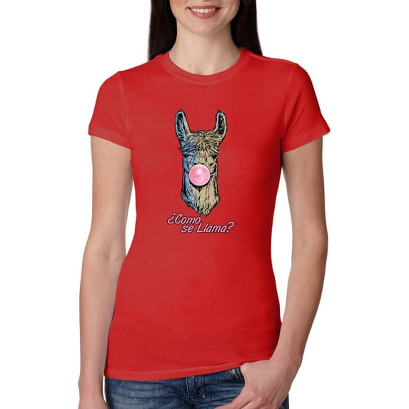 Wild Bobby, What is Your Name in Spanish Llama Blowing Bubble Gum, Humor, Women Slim Fit Junior Tee, Red, XX-Large