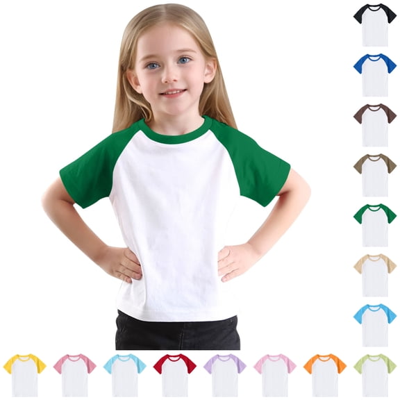 SGFCWSX Girls Short Sleeve T-Shirt Daily Wear for School, Kids Quick-Dry Cotton Breathable Tops Raglan Sleeve Tees Green Size 9-10 Years