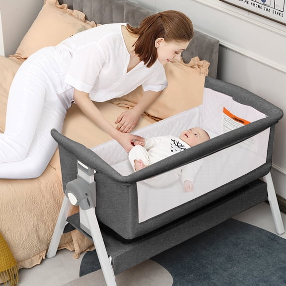 OLAKIDS Baby Bassinet Bedside Crib, Newborn Sleeper w/Large Storage Basket, Adjustable Heights, Detachable &Washable Mattress, Breathable Mesh, Straps, Easy Moving Bed Side (Misty Grey)