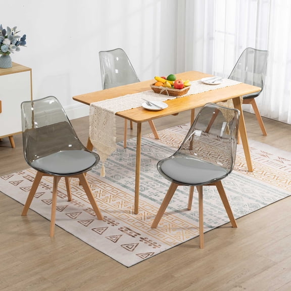 MOJAY Mid Century Modern Plastic Beech Wood Dining Chairs, Clear and Gray (Set of 4)