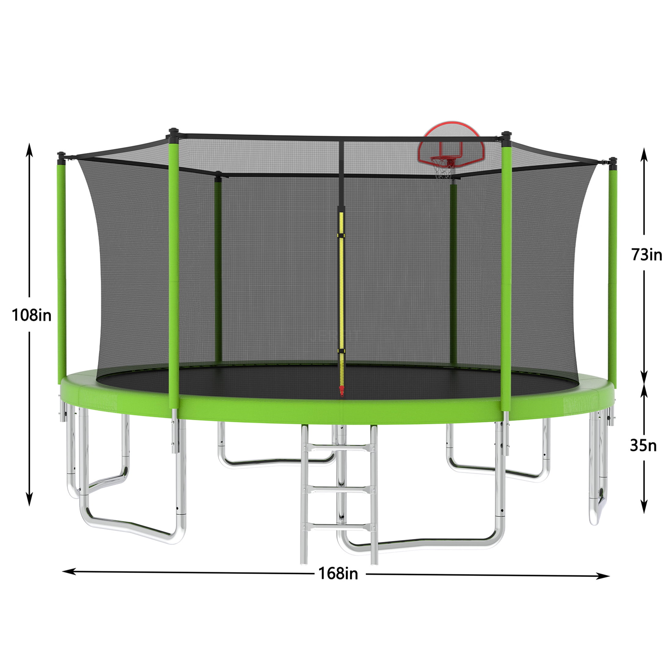 JERFIT 14FT Kids Trampoline with Safety Enclosure Net, Outdoor Large Jumping Mat for Backyard, Includes Basketball Hoop & Ladder, Green