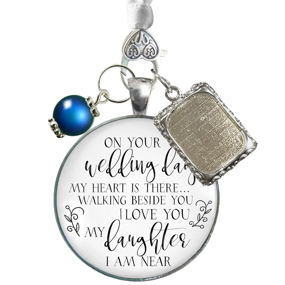 Memorial Wedding Bouquet Charm Mom and Dad You Walk Beside Me Every Day  Honor Parents 1 Photo Memory Frame Antique Silvertone White Glass Pendant
