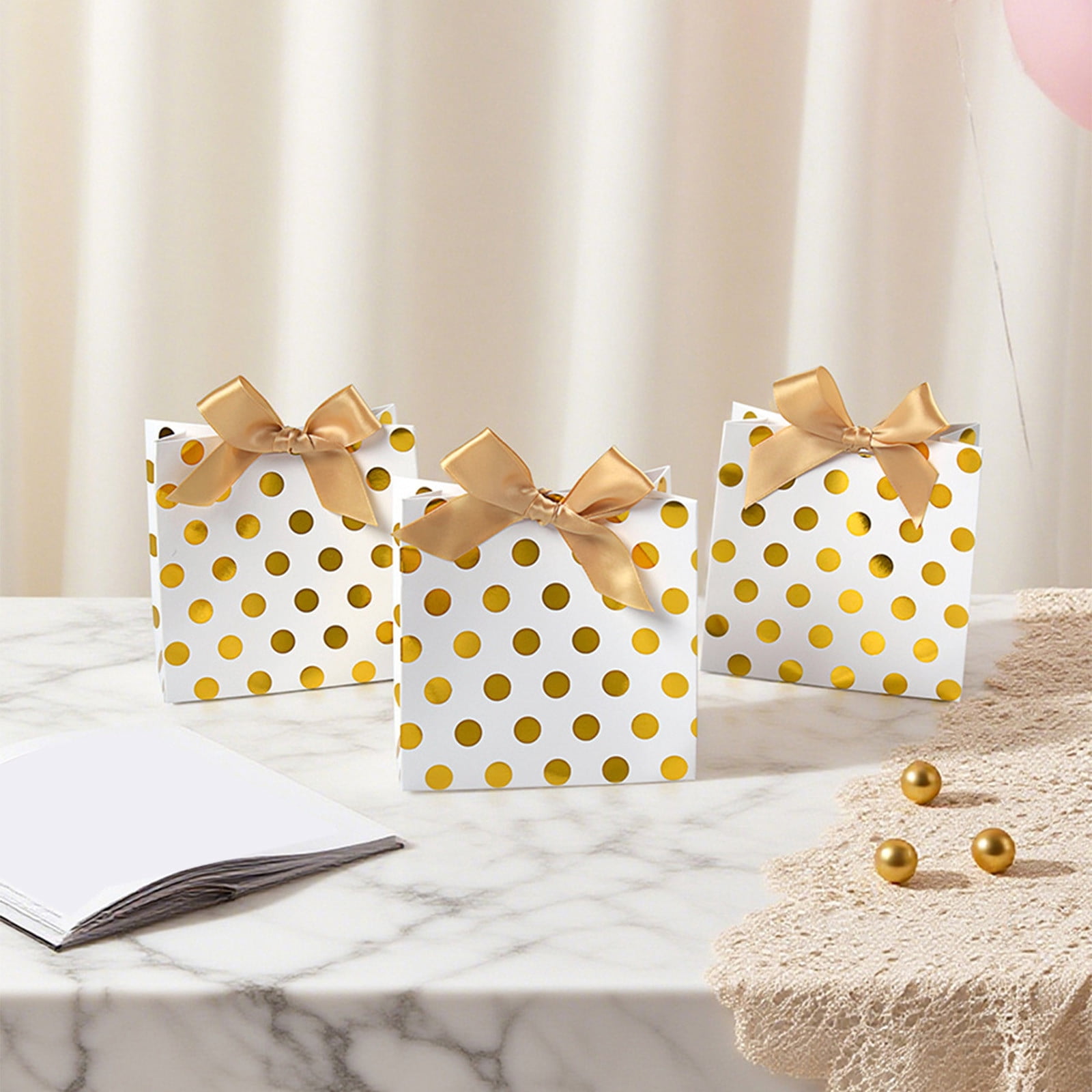 Cadorn 10 Sets of Hot Stamping Gold Polka Dots Bow Hand Bags, Suitable for Neckties Scarves, Mini Gift Tote Bags, Thank You Favor Bag for Valentine Wedding Baby Bridal Shower Birthday Party
