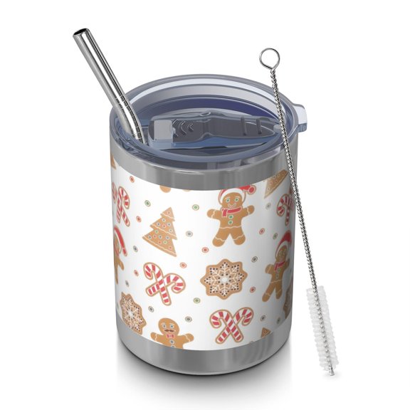 12oz Tumblers White Christmas Gingerbread Man Pattern Vacuum Insulated Stainless Steel Travel Tumbler Cups Mug with Lid and Straw for Beer,Coffee,Beverages with Cleaning Brush for Cold & Hot Drinks