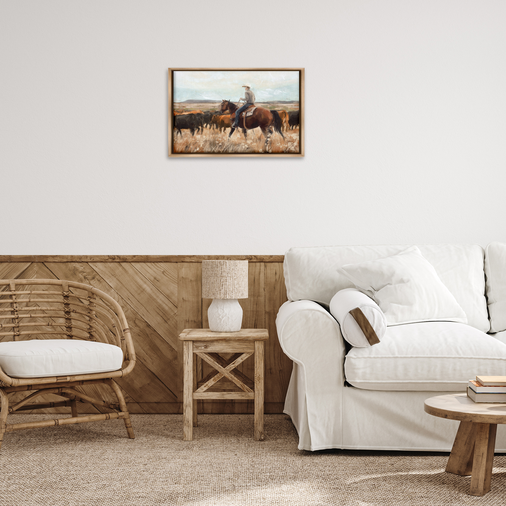 Stupell Industries Cowboy Rounding Cattle Landscape Painting Brown Floater Framed Canvas Art Print Wall Art, 25 x 17