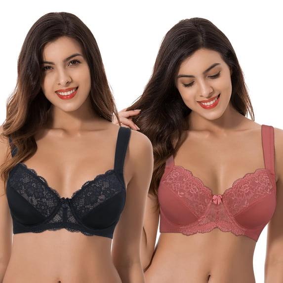 Curve Muse Women's Plus Size Unlined Underwire Lace Bra with Cushion Straps-Rose,Black- Size:40B