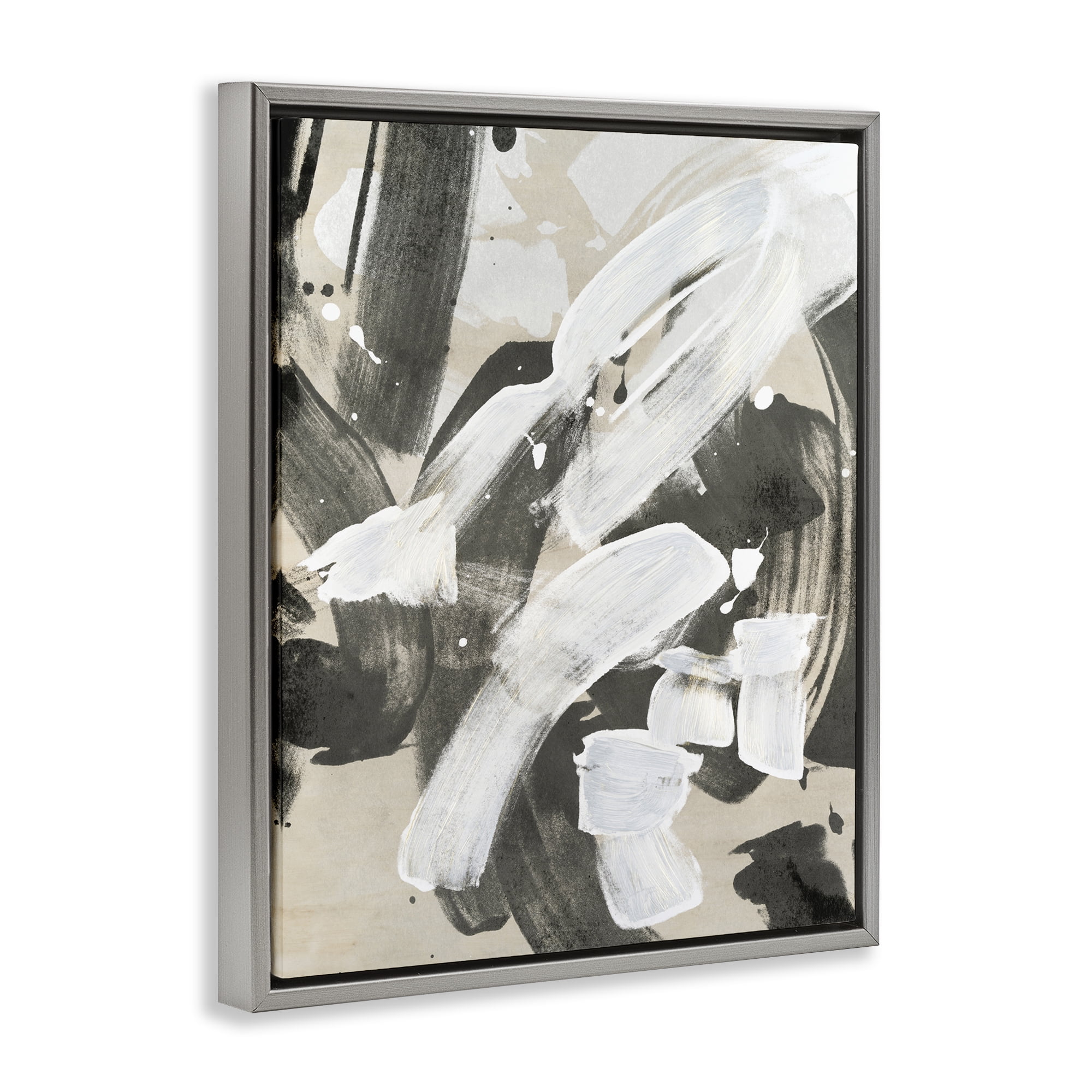 Stupell Industries Modern White Brush Stroke Abstract Painting Gray Floater Framed Canvas Art Print Wall Art, 17 x 21