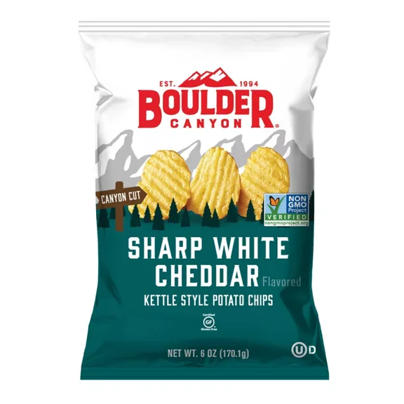 Pack of 12, Boulder Canyon Sharp White Cheddar Kettle Chips, 6 oz
