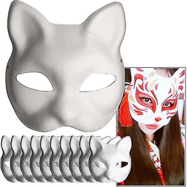 White Paper Mask Cat Face - 10 Pieces, Pulp Blank Hand Painted Mask, Personalized Design, Suitable For Halloween Fancy Dress Cosplay