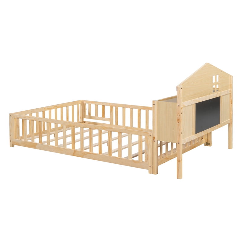 Bellemave Full Size Montessori Bed with Bookcase,Wooden Floor Bed with Fence Rails and Door, Full Playhouse Beds with Storage Headboards, No Box Spring Needed (Natural)