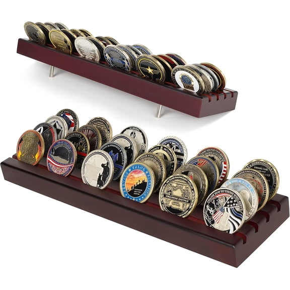Challenge Coin Display Stand, Solid Wood 4 Rows Military Coin Holder Rack Case Holds 30 Coins, Mahogany Finish