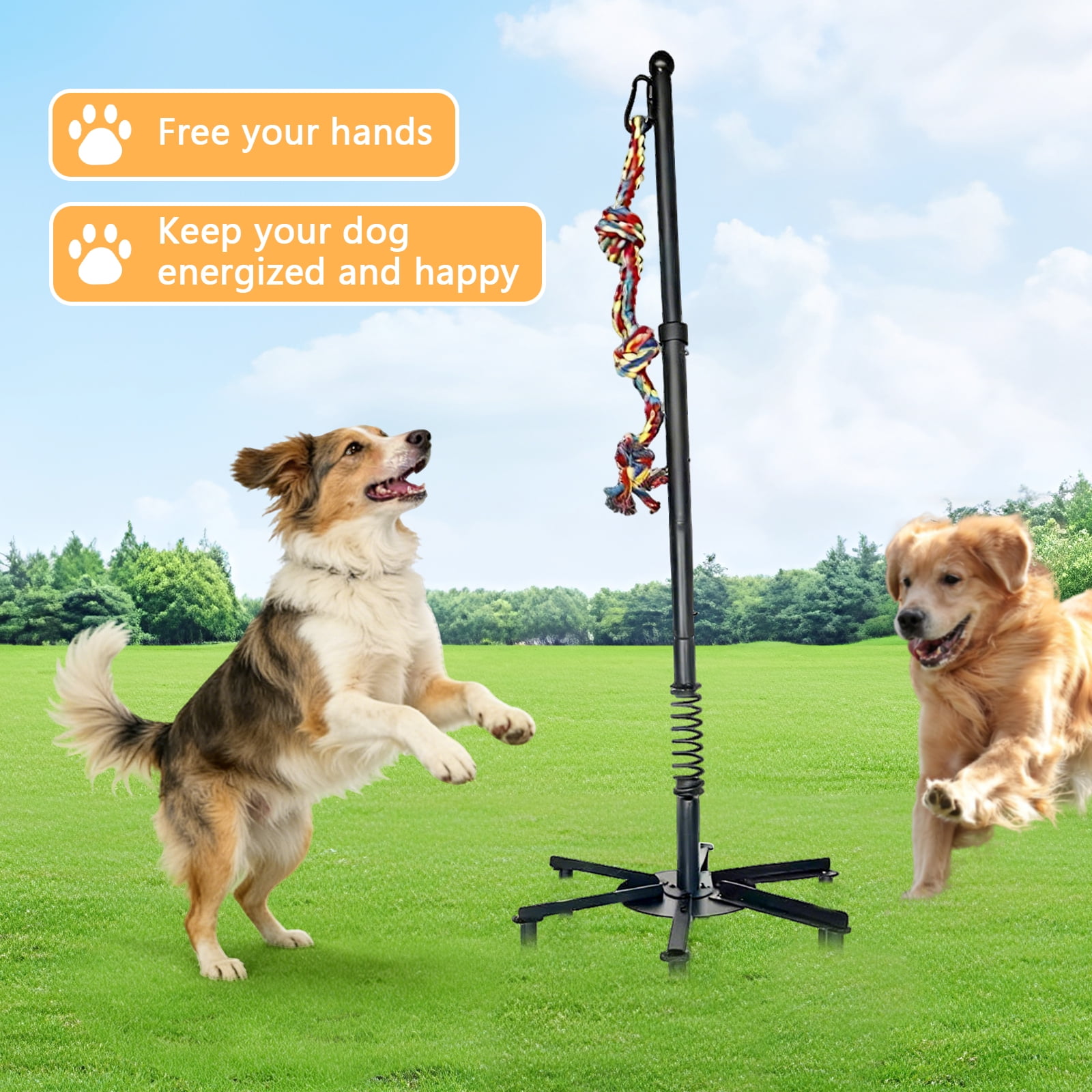 JDNRXO Adjustable Outdoor Dog Toy for Solo Play - 38.58"-44.49" Height with 6 Heavy-Duty Ground Stakes (11.81" Depth) & 1 Rope Toy for Backyard, Lawn, Park