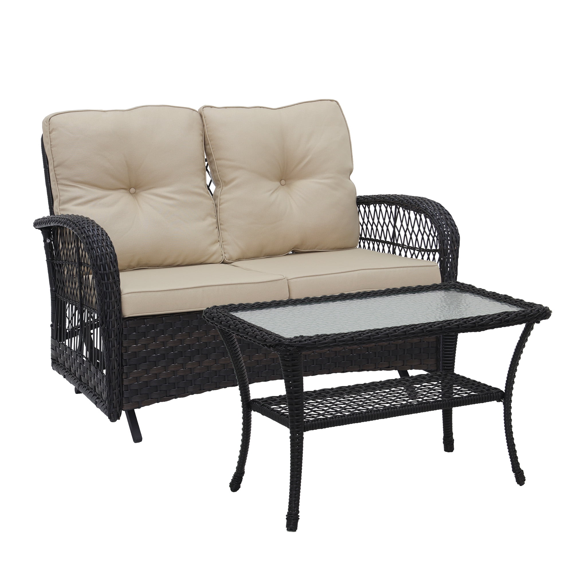 Abble Outdoor Glider Conversation 2 Piece Patio Wicker Seating Group Set with Cushions - Dark Brown