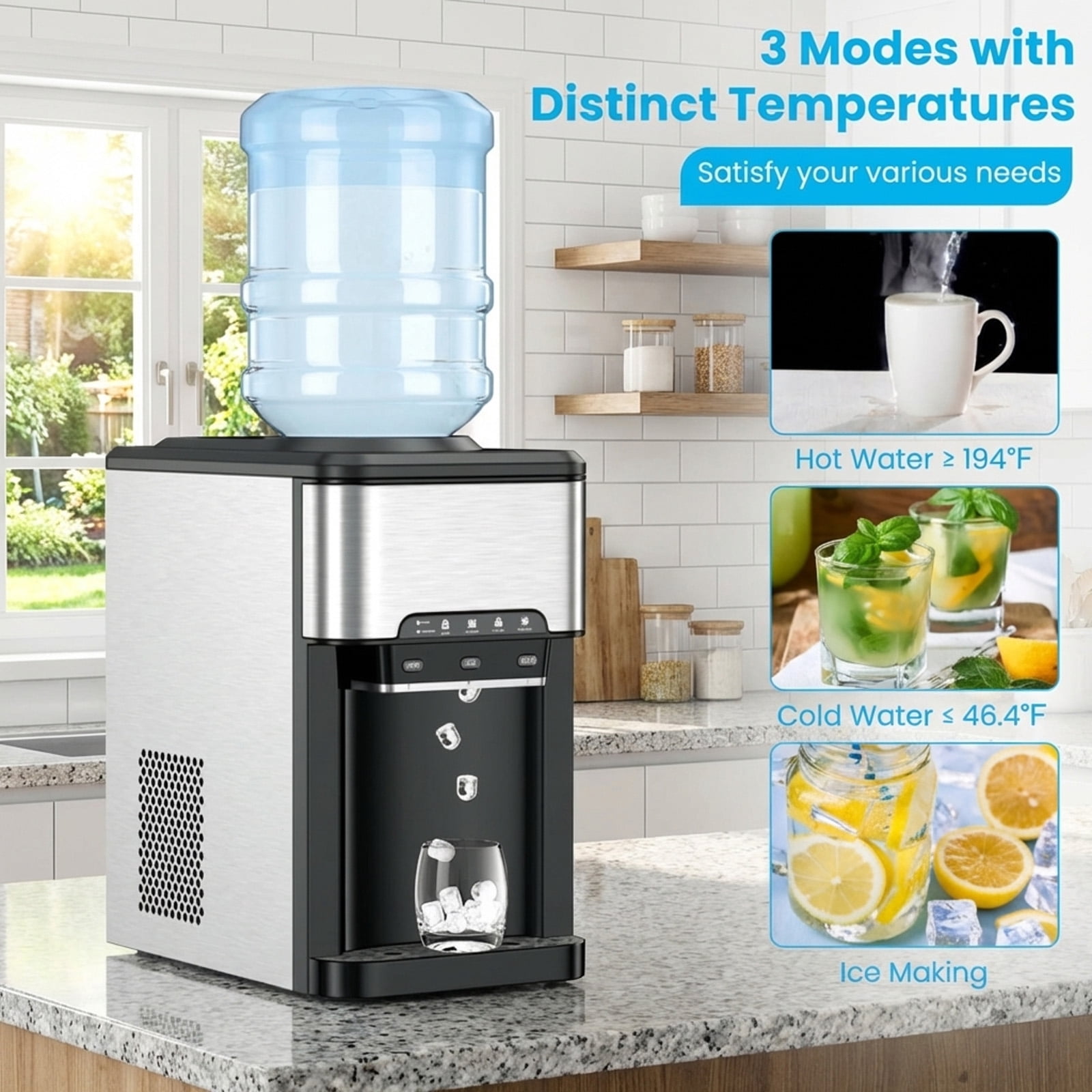 RUIE Water Cooler Dispenser,3-in-1 Water Dispenser with Built-In Ice Maker and 40 Lbs/Day Production,Hot and Cold Water,Child Lock,Water Cooler for Home Office Kitchen