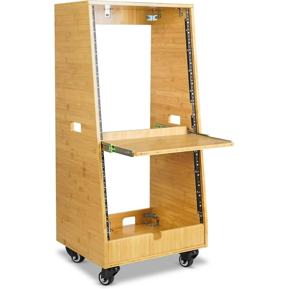 Sound Town DIY Solid Carbonized Bamboo Slanted 20U Studio Rack (12U Top   8U Lower), with 2U Bottom Storage, Slide-Out Tray, Caster, for Recording Room, Home Studio (STBR-ST20T)