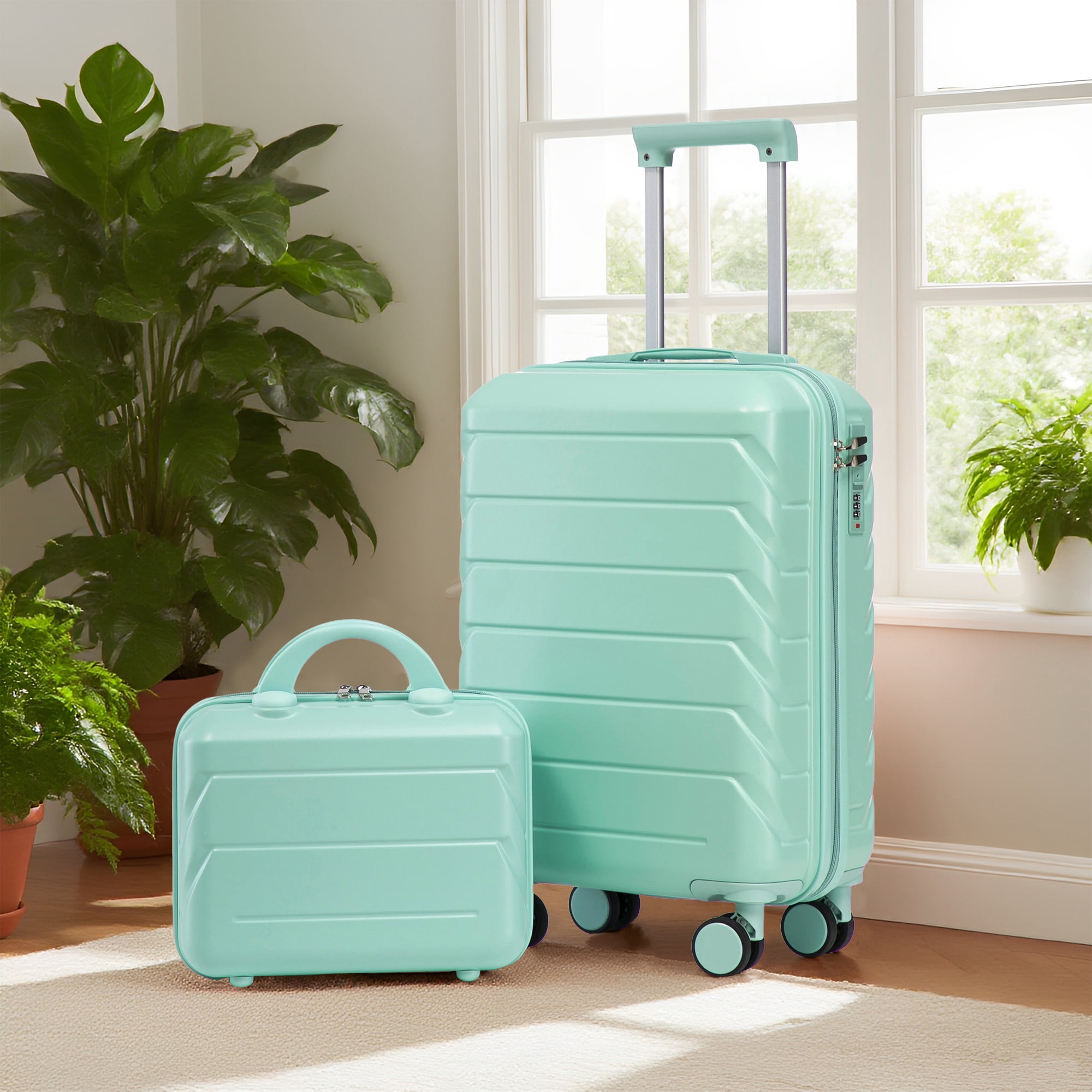 14"/20" 2 pcs/set in ABS Spinner Wheel Luggage, with Combination Lock,14" Cosmetic Case (Mint Green)