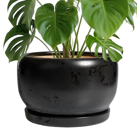 10 inch Pots for Plants, Large Round Ceramic Planter with Saucer & Drainage, Modern Flower Pot for Live Houseplants & Office Decor, Matte Black