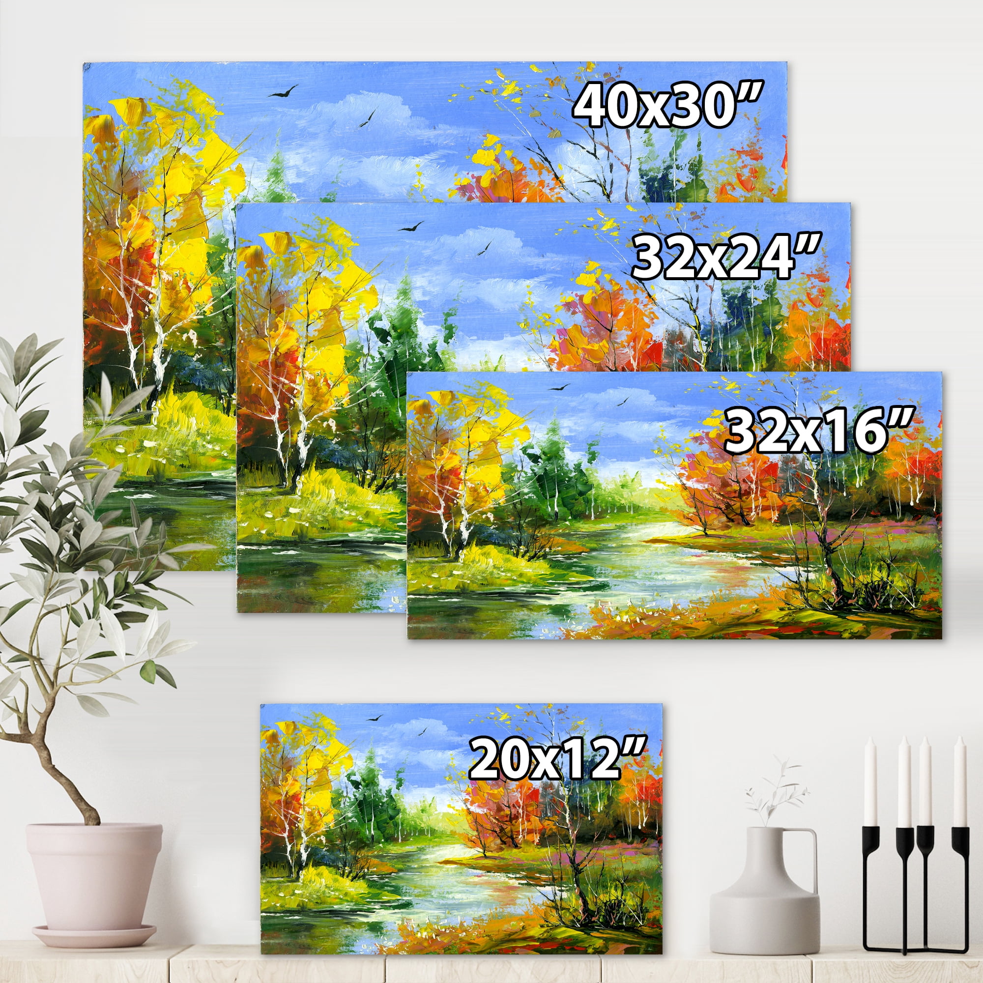 Designart ' Autumn Landscape With Forest and River ' Lake House Canvas Wall Art Print