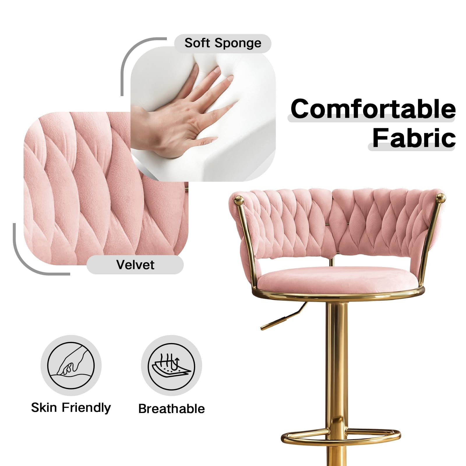 Set of 2 360° Swivel Velvet Bar Stools, Adjustable Counter Height Bar Chairs with Gold Metal Base & Low Back, Modern Kitchen Island Barstools for Dining Room & Pub, Pink