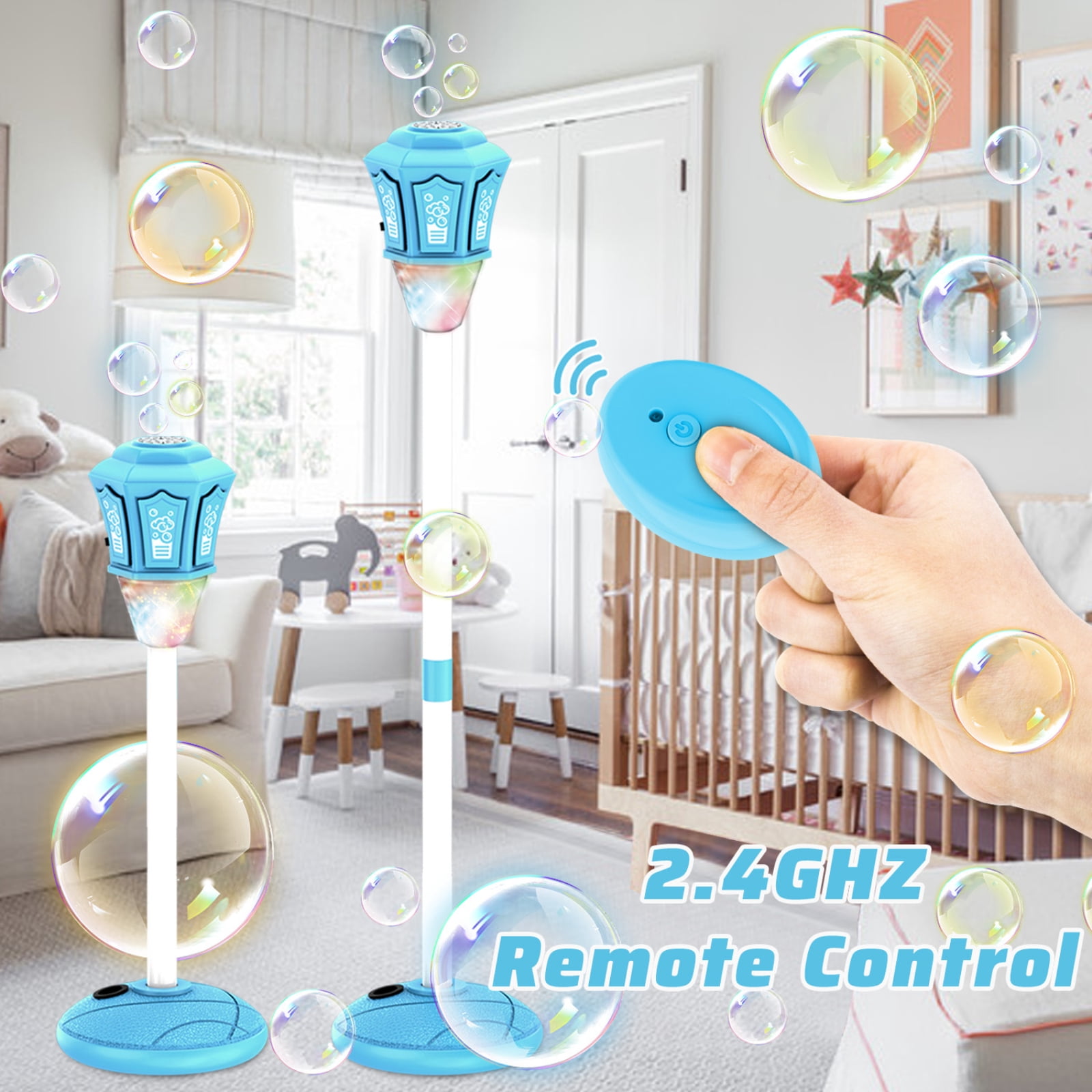 Bubble Machine, Automatic Standing Bubble Maker Machine Height Adjustable Up to 47 Inches Outdoor Battery Bubble Machine with Light/Music for Birthday Party Gifts Blue