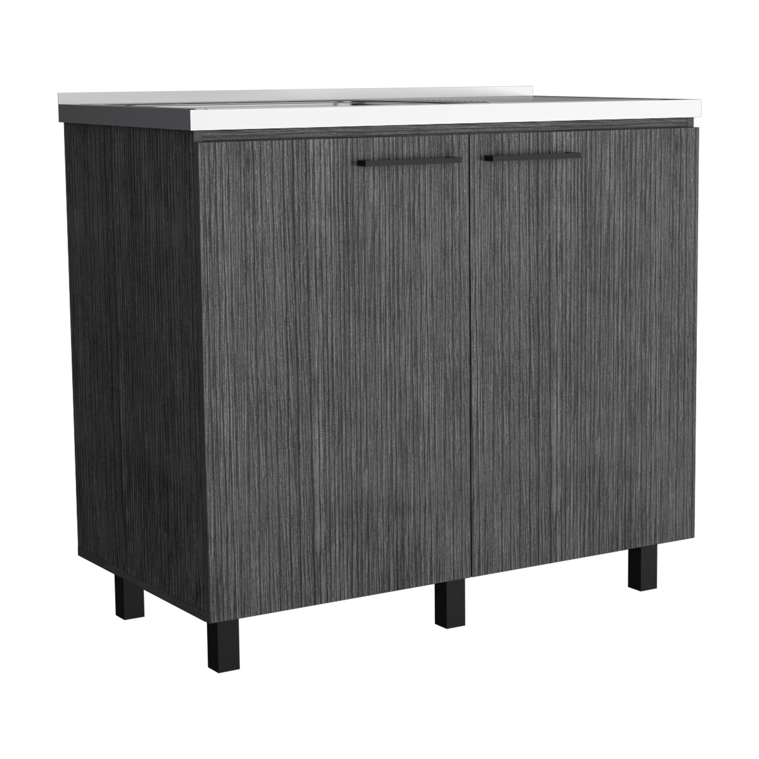 Izzovium Napoles 2 Utility Sink with Cabinet, 39.4x20.4x30.8in, Stainless Steel Countertop & Smokey Oak Shelf, Smoke Grey for Kitchen/Laundry