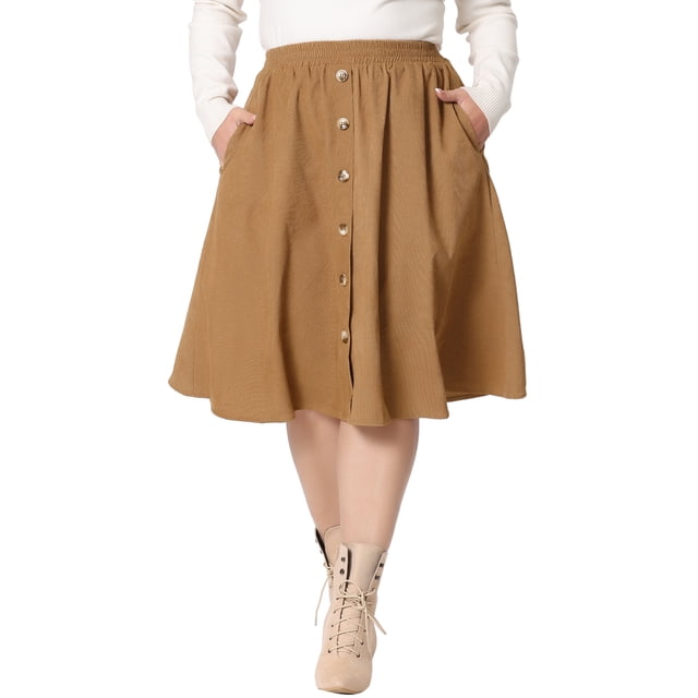 Faldas midi de pana de talla grande GRACE & GRANDEUR para mujeres, con cintura alta elástica, botones en la parte delantera, falda en A con bolsillos, 2X marrón