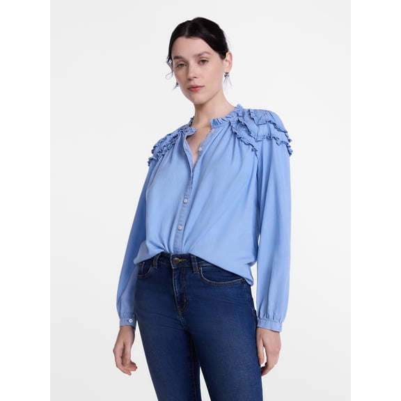 Scenario Women's and Women's Plus Ruffle Shoulder Top with Long Sleeves, Size XS-4X