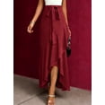 thumbnail image 2 of Women's Wine Red Satin Tie-Waist Maxi Skirt High-Low Ruffle Hem Formal Evening Party Skirt, 2 of 4