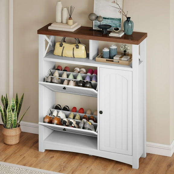Uforic Shoe Cabinet with 2 Flip Drawers & Door, Farmhouse Shoe Organizer Rack with Open Shelf, White