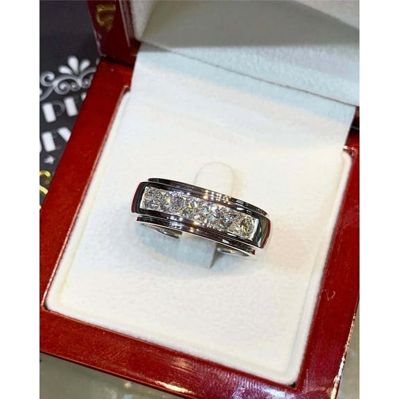 Men's Band Ring 14K White Gold Plated 925 Silver 2Ct Round Lab Created VVS1/D Diamond