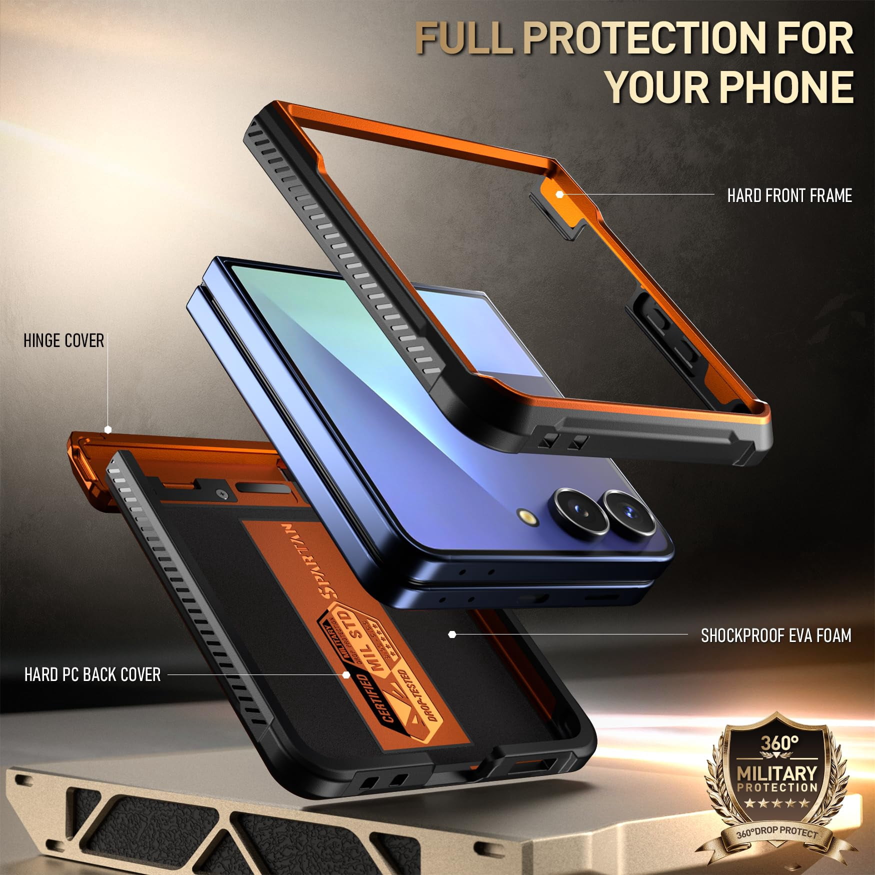 Poetic Spartan for Samsung Galaxy Z Flip 7 Case, [Kickstand] [Hinge Protection] [20FT Mil-Grade Drop Tested], Full-Body Rugged Shockproof Protective Phone Cover for Galaxy Z Flip7, Metallic Orange