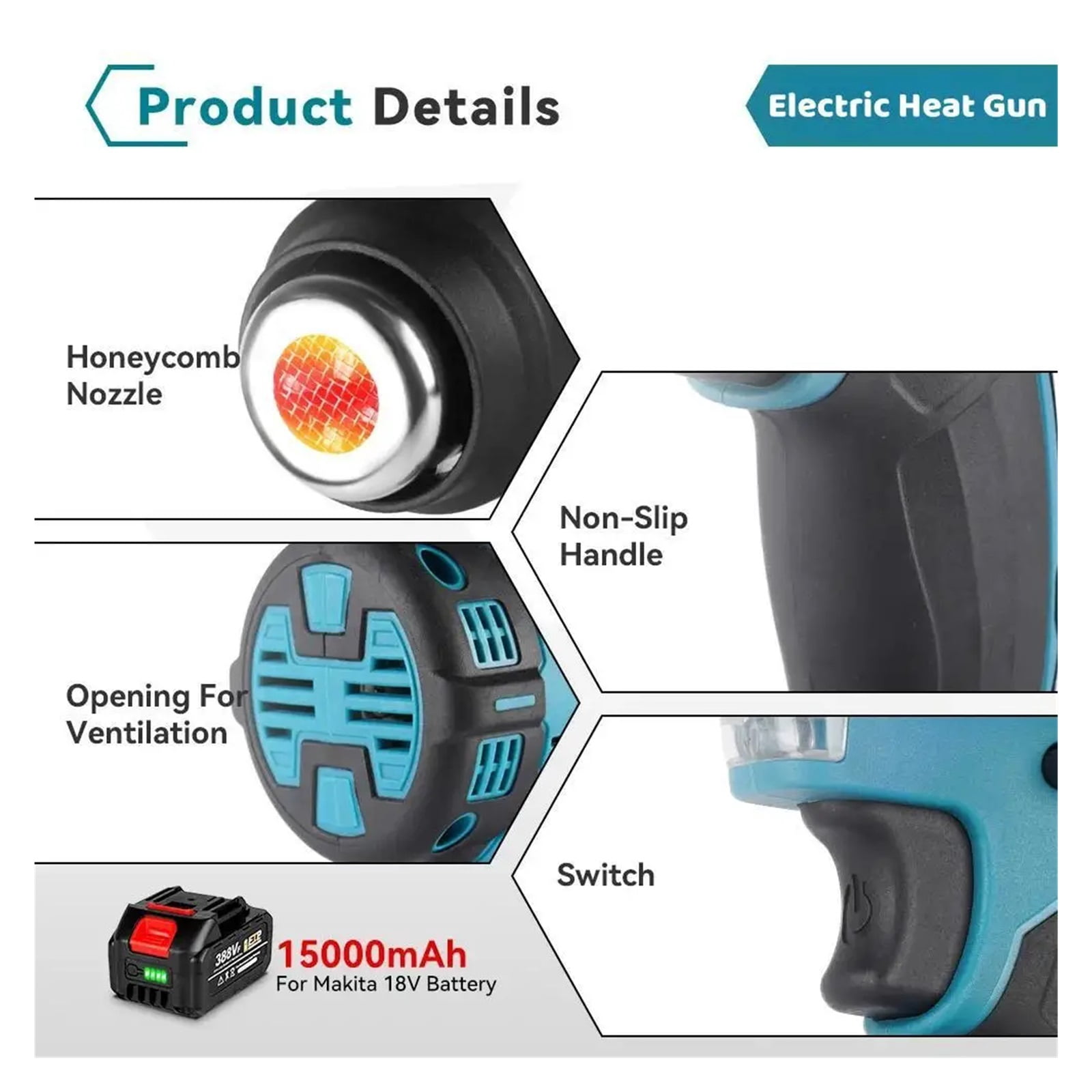 2000W Electric Heat Gun Compatible 18V Battery Cordless Handheld Hot Air Gun with 3 Nozzles Industrial Home Hair Dryer ,Variable Temperature