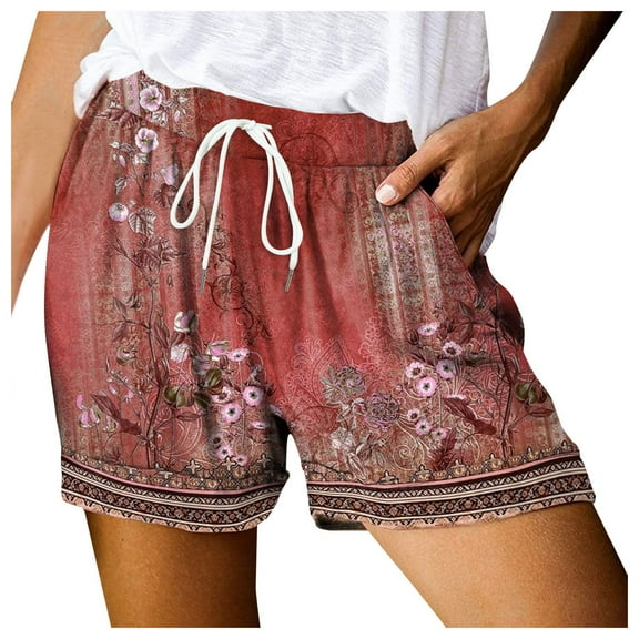 vigerkar Shorts for Women Vintage Graphic Shorts for Ladies Drawstring Elastic Waist Shorts Gym Workout Shorts Summer Casual Red, S
