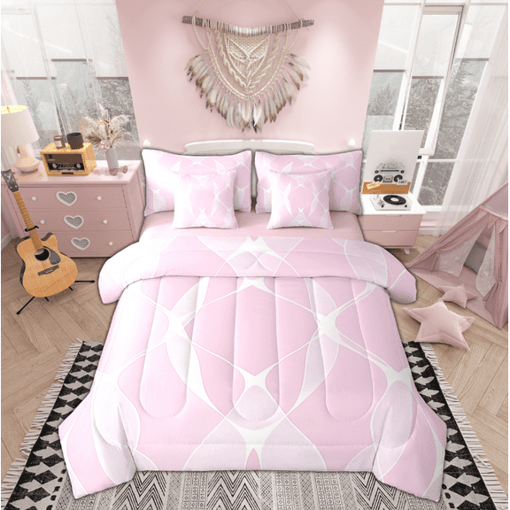 Manfei Girly Pink Geometric Twin Bedding Sets 7-Piece, Fashion Abstract Stripes Bedding Comforter Set, Teen Kid Child Adult Reversible Sheet Sets, Luxury Bedroom Decor