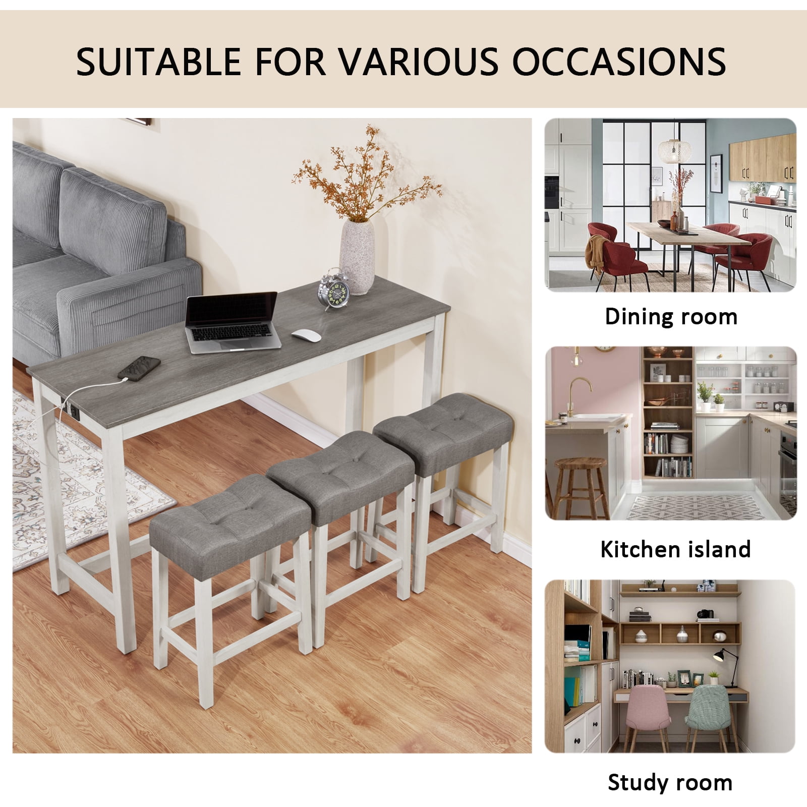 Gewnee 4 Piece Bar Table Set with Power Outlet,Counter Height Pub Table with Padded Stools,Behind Couch Table for Living Room,Dining Room.White & Gray