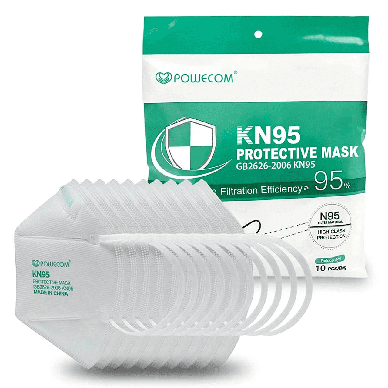 Powecom KN95 White Earloop Face Masks, 120 Count Pack, 1200 Piece