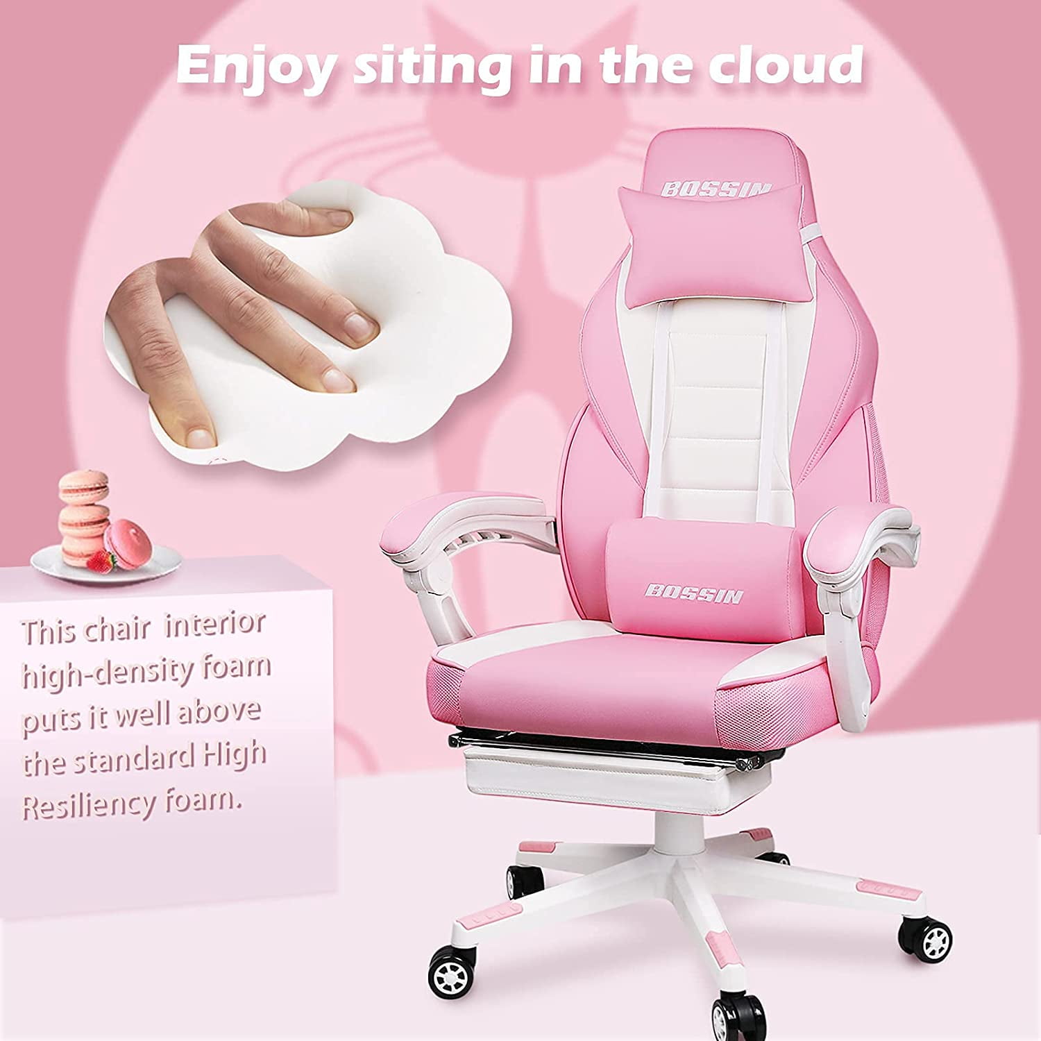 Bossin Gaming Chairs with Footrest, Massage Leather Game Chair for Adults, Big and Tall Gamer Chair with Headrest and Lumbar Support