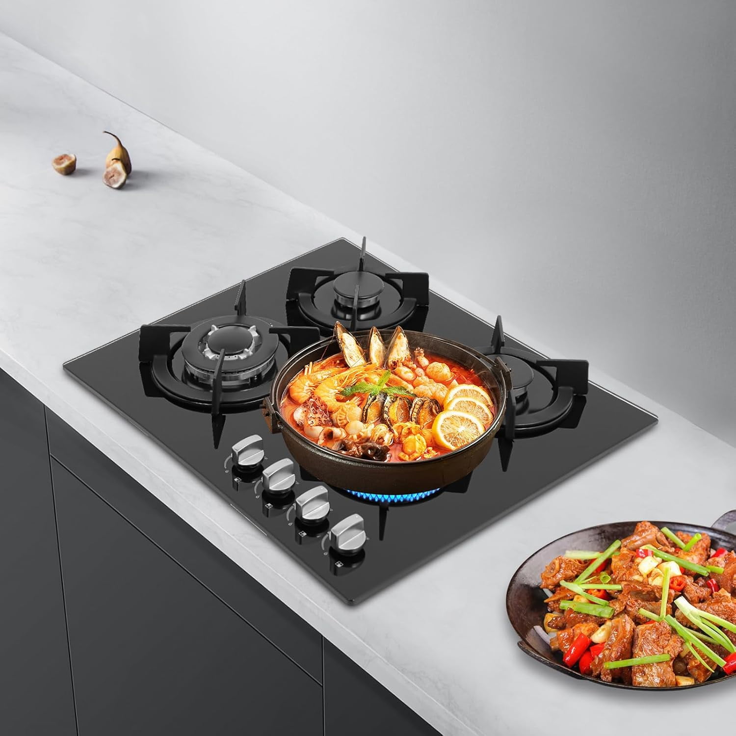 Miumaeov 23Inch 4 Burner Built-In Lpg Gas Stovetop,Drop-In Gas Hob with Independent Control Knobs&Backfire Protection,Black Tempered GlassGas Cooktop
