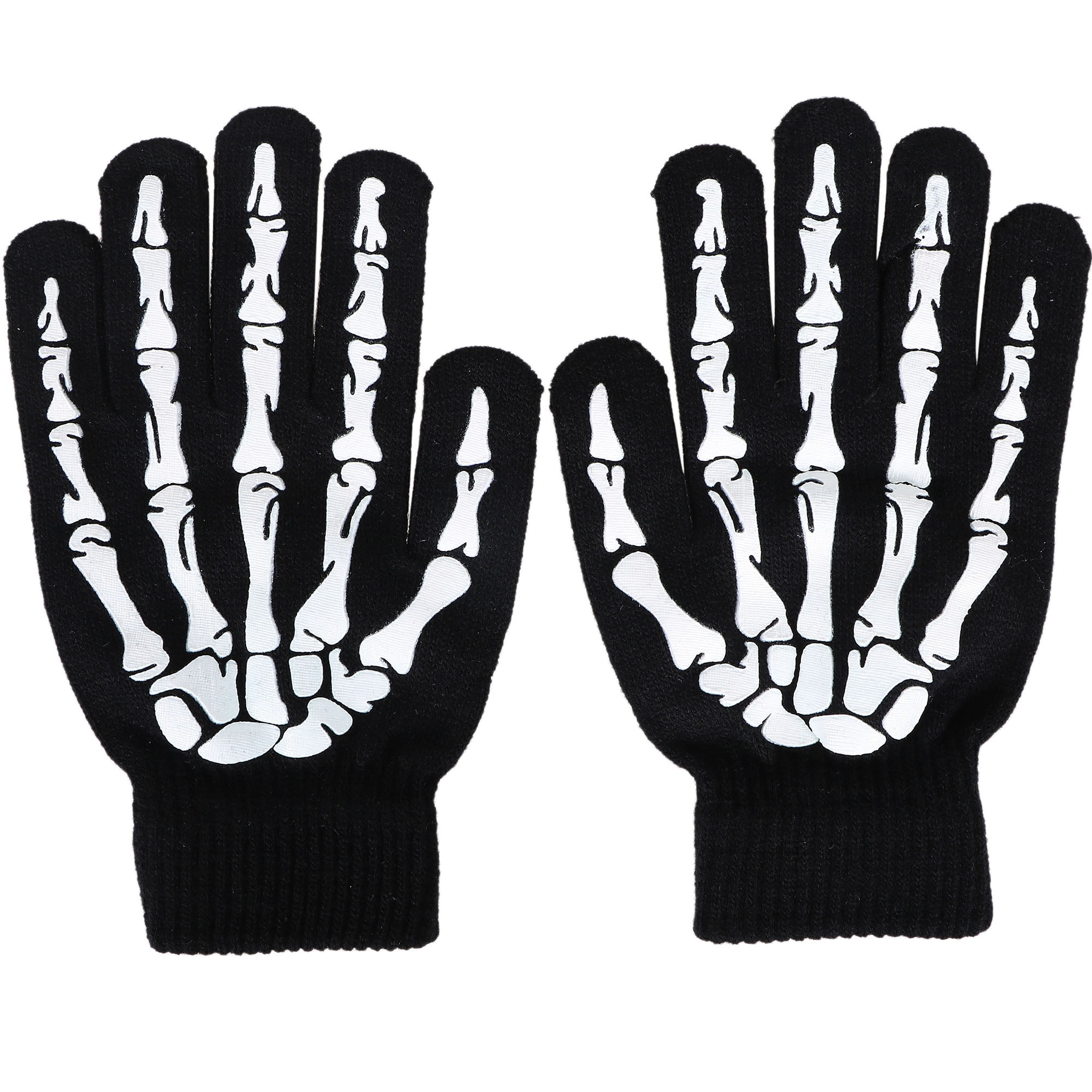 Black Graphic Gloves with Glowing Skeleton and Skull Prints 