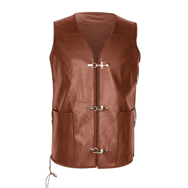 Gilet Sans Manches en Cuir à Col en V avec Poches pour Hommes