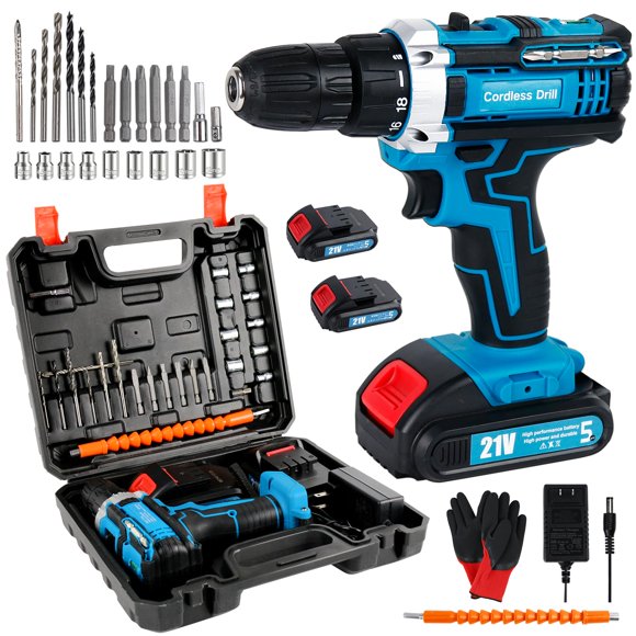 ASEBOY - Juego de brocas inalámbricas de 21 V, batería de 1.5 AH, taladro eléctrico de embrague de 18 +2 con luz de trabajo, taladro de martillo con 248 en libras máximo, 2 velocidades variables, carg